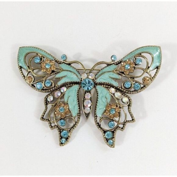 NiNA RiCCi Avon Turquoise enamel rhinestone butterfly shaped brooch pin - Picture 1 of 4